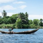 uma pessoa andando de canoa rodeada por árvores. áfrica é parte da série (pop)ulares por Ca Mila