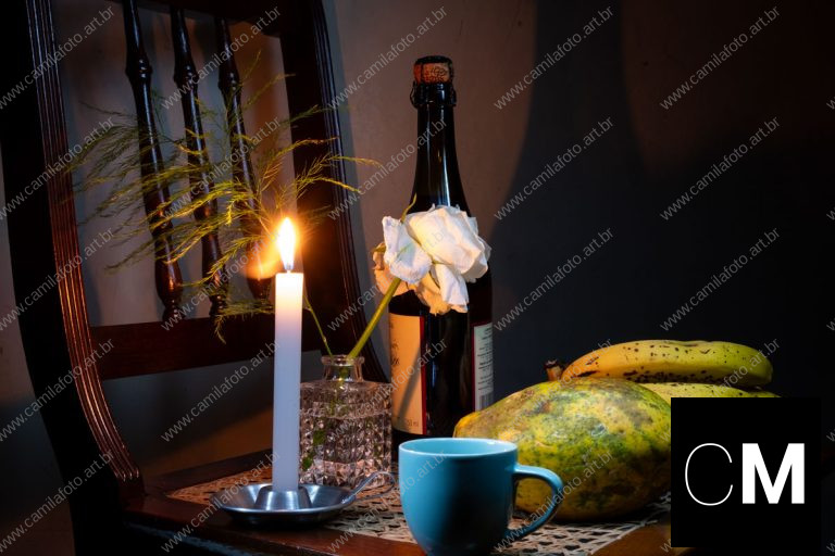 uma cadeira, uma vela, uma garrafa, uma xícara, um mamão, um cacho de bananas, uma rosa, um galho com folhas. natureza morta é parte de outras estórias por Ca Mila