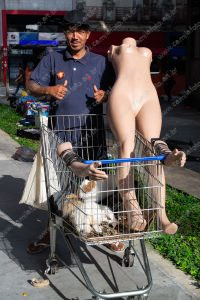 uma pessoa posando para a foto com um carrinho de supermercado, um manequim e alguns cachorros. vida de cachorro é parte de outras estórias por Ca Mila